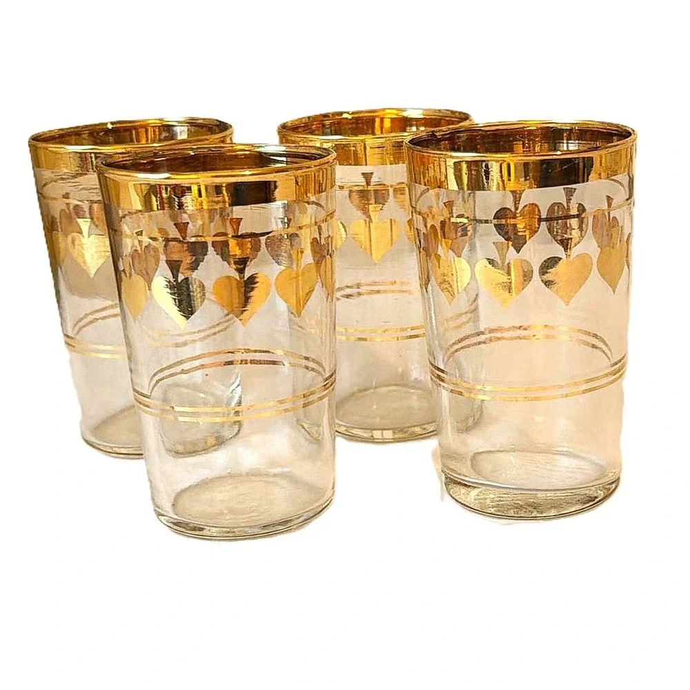 Vintage Barware Glasses Set of 4 3oz Clear Gold Spades MCM Retro EUC